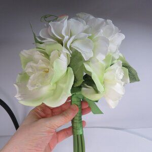 Green & White Rose Silk Flower Bouquet wrapped handle & bow St Patrick's